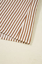 Straw Yellow Striped Print Tied Cuffs Split Neck Seersucker Blouse