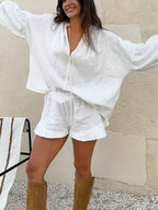 Tie Neck Balloon Sleeve Blouse and Shorts Set