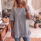 Women's Striped Ruffle-Sleeve Loose-Fit Blouse – Three-Quarter Sleeve