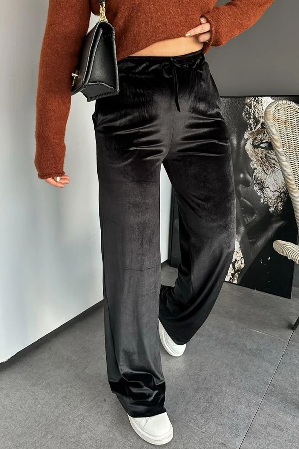 Black Shiny Velvet Drawstring High Waist Straight Leg Casual Pants