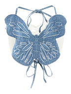 Embroidered Camisole With Butterfly Theme Sexy Blue Stage Performance Top For Girl Groups