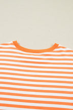 Orange Stripe 3/4 Sleeve Exposed Seam Patchwork Pullover Top