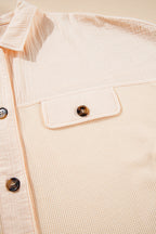 Beige Waffle Splicing Short Batwing Sleeve Flap Detail Shirt