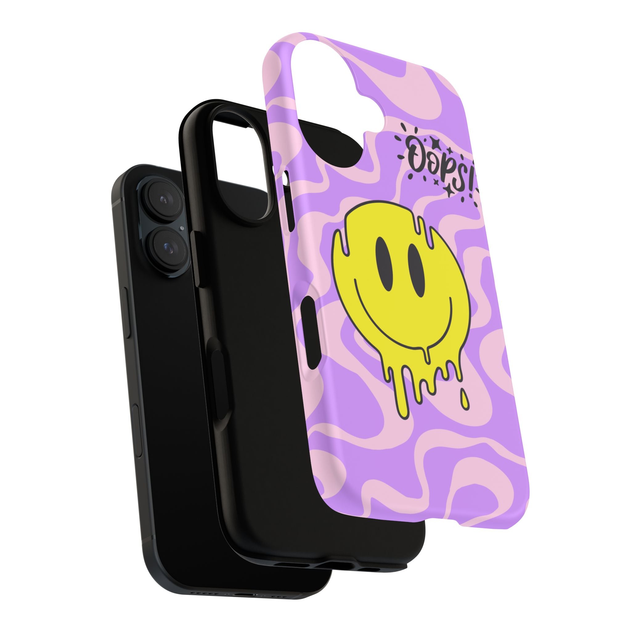 Phone Case Dripping Yellow Smiley on Purple Swirl "Oops!" Design
