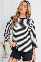 Sachet Pink Striped Print Drop Shoulder Lace Trim Bracelet Sleeve Loose Top