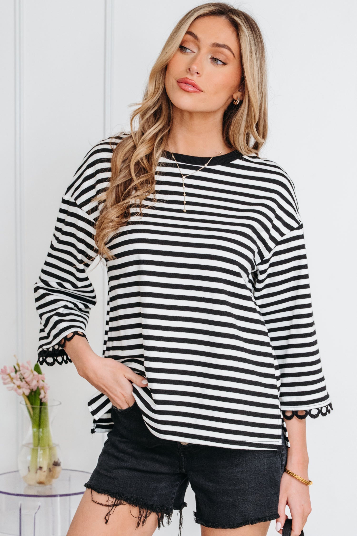 Sachet Pink Striped Print Drop Shoulder Lace Trim Bracelet Sleeve Loose Top