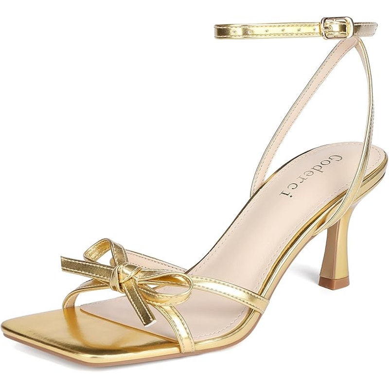 Goderci Womens Size 10 Gold 3" Heels Bow Square Open Toe Ankle Strap Shoes