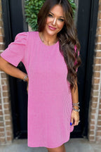Bright Pink Corded Crew Neck Puff Sleeve Mini Dress