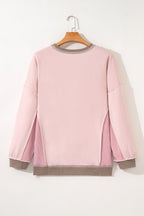 Light Pink Plus Color Block Waffle Patchwork Exposed Seam Baggy Sweatshirt