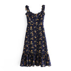 NEW  SPRING PRETTY DARK BLUE Floral PRINT SHOULDER STRAP Slim Dress FOR WOMEN