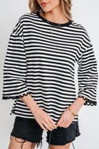 Sachet Pink Striped Print Drop Shoulder Lace Trim Bracelet Sleeve Loose Top