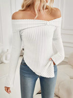 Off-Shoulder Ribbed Knit T-Shirt