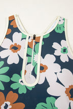 Blue Flower Zip Collar High Waist Bikini Set
