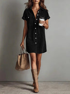 Women’s Retro Casual Corduroy Short Sleeve Shirt Dress