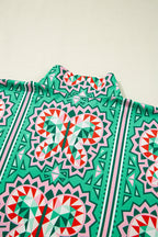 Sea Green Boho Abstract Print Contrast Striped Collared V Neck Blouse