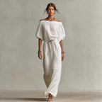 Women's Linen Pants Suit – Solid Color Lantern Sleeve Set