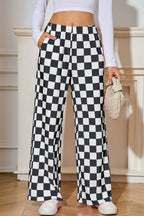 Green Checkered Print High Waist Wide Leg Pants