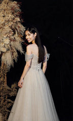 Soft champagne white gold grey  evening Dress Skirt Slim Off Shoulder