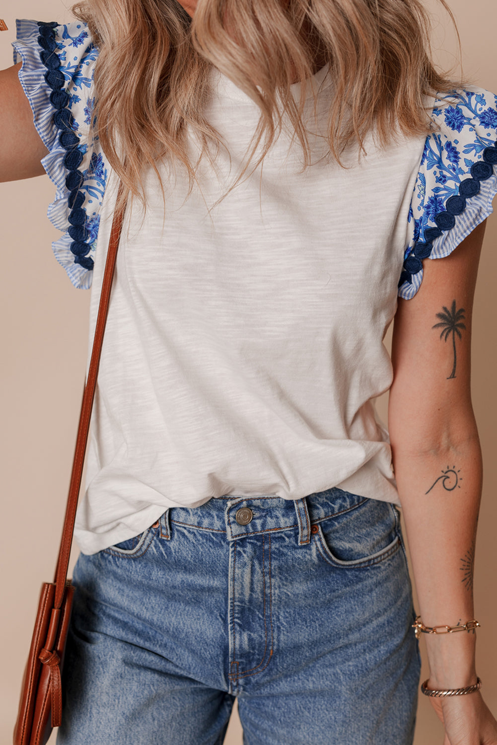 Rose Floral Striped Patchwork Flutter Sleeve Blouse
