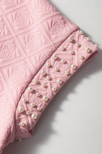 Light Pink Pearl Embellished Flower Textured T Shirt