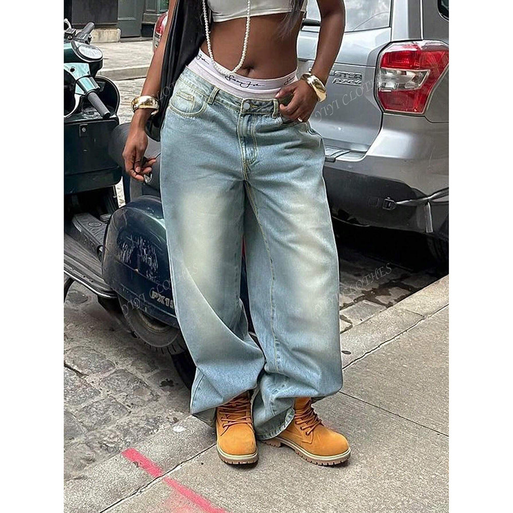 American-style Distressed Washed-out Denim Jeans