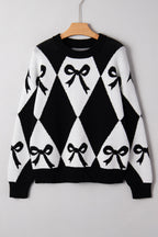 Red Bow Print 2-tone Rhombus Knit Loose Sweater