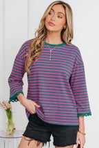 Sachet Pink Striped Print Drop Shoulder Lace Trim Bracelet Sleeve Loose Top