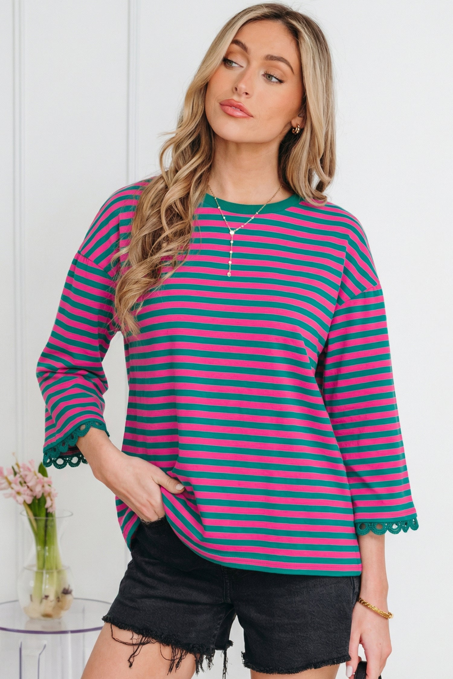 Sachet Pink Striped Print Drop Shoulder Lace Trim Bracelet Sleeve Loose Top