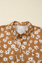 Khaki Plus Size Daisy Floral Print Button Split Neck Puff Sleeve Dress
