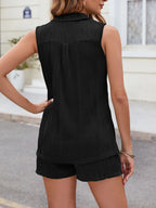Textured Johnny Collar Top and Shorts Set