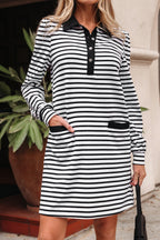 White Stripe Buttoned Front Collared Long Sleeve T Shirt Dress with Pockets