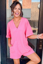 Bonbon Loose Half Sleeve V Neck Plain Romper