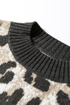 Carbon Grey Leopard Pattern Contrast Trim Round Neck Sweater