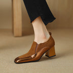 Women's Retro Cowhide Square Toe Chunky Heel Slip-On Pumps