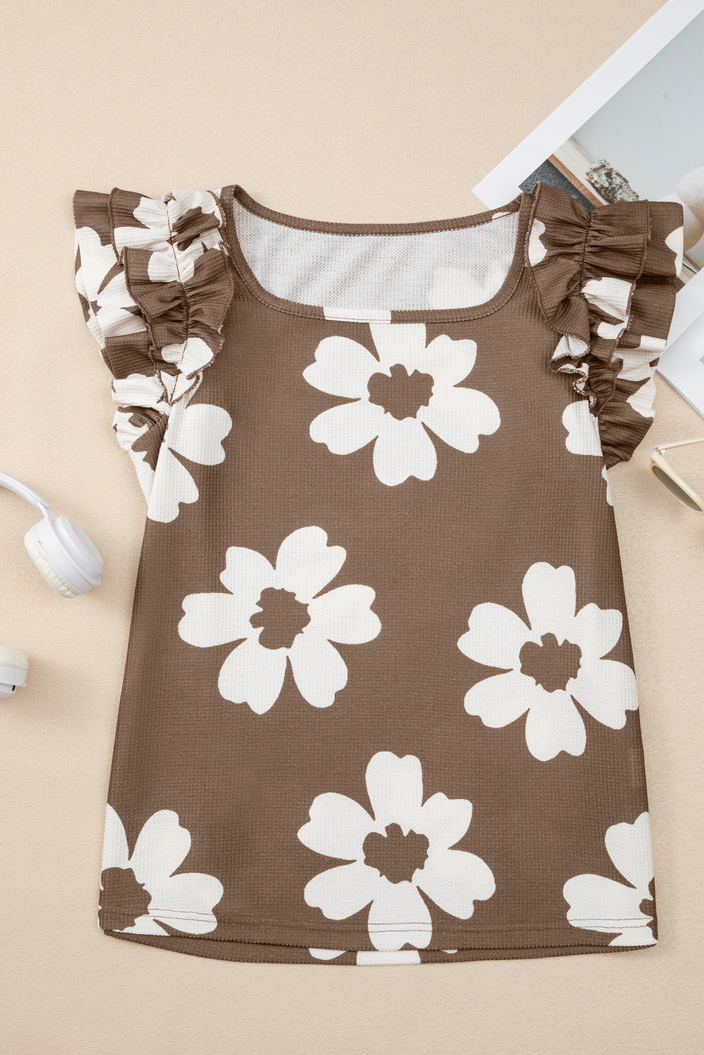 Brown Floral Textured Ruffled Short Sleeve Square Neck Blouse
