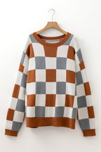 Brown Colorblock Checkered Drop Sleeve Plus Size Sweater
