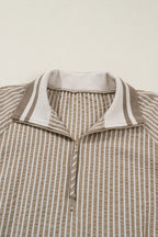 Khaki Stripe Zip up Collared Puff Sleeve Ruffled Plus Size Mini Dress