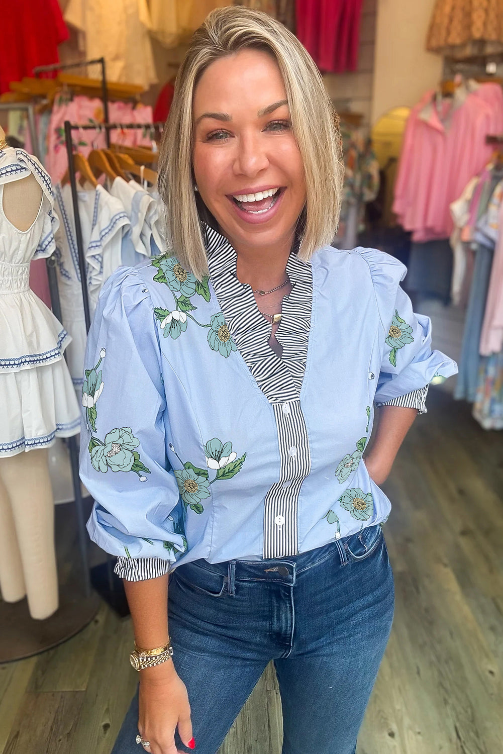 Sky Blue Floral Print Contrast Striped Trim Ruffled V Neck Fall Blouse