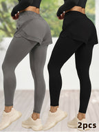 2pcs Faux 2pcs Athletic Pants Color-block Design with Built-in Pockets