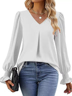 V-Neck Long Sleeve Ruffle Cuff Blouse