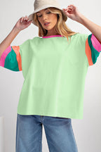 Pink Color Block Stitching Sleeve Round Neck Oversize Top