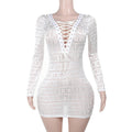 Sexy Hot Girl Long Sleeve Deep V Sexy Mesh Tied Dress