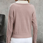 🧶 Women’s Lapel V-Neck Color-Block Long-Sleeve Pullover Sweater