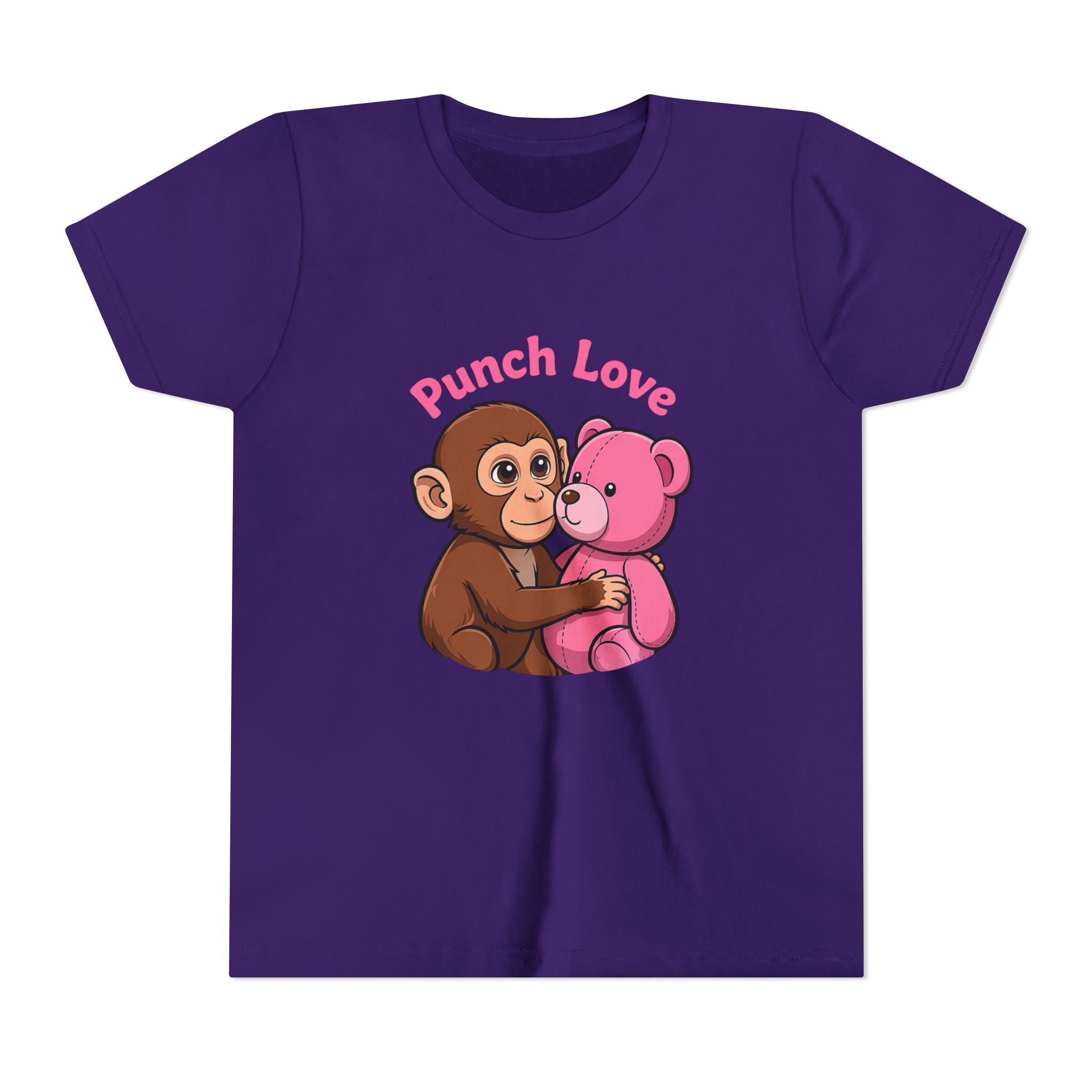 Youth Tee — "Punch Love" Monkey Hugging Pink Teddy Cute Kids Valentine Shirt