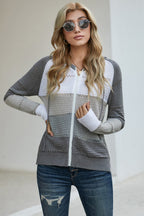 Multicolor Zipped Front Colorblock Hollow-out Knit Hoodie