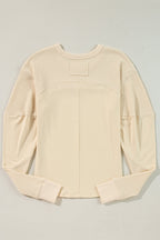 Beige Thermal Knit Patchwork Exposed Seam Long Sleeve Top