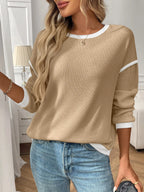 Ribbed Contrast Trim Long Sleeve Top