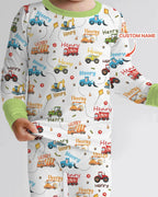 Construction Vehicles Custom Name Bamboo Two Piece Long Sleeve Pajama Set