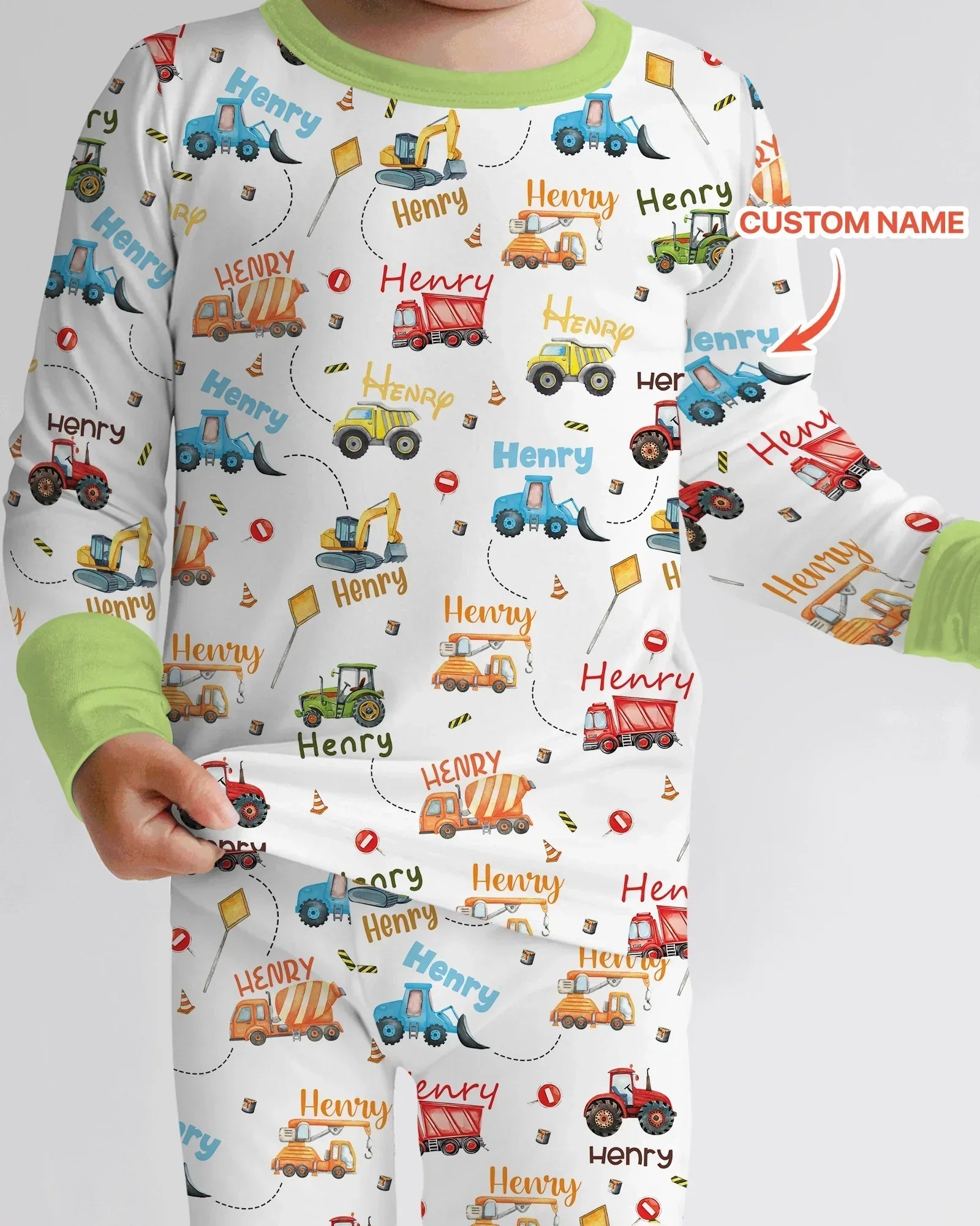 Construction Vehicles Custom Name Bamboo Two Piece Long Sleeve Pajama Set