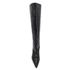 Black Tall Moc Croc Pointy Toe Kitten Heel Boot